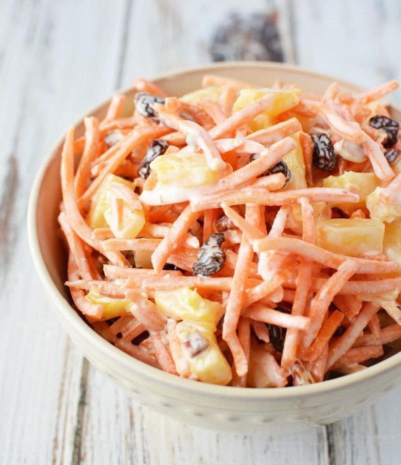 Carrot Salad Recipe with Raisins, Pecans, and Sweet Pineapple