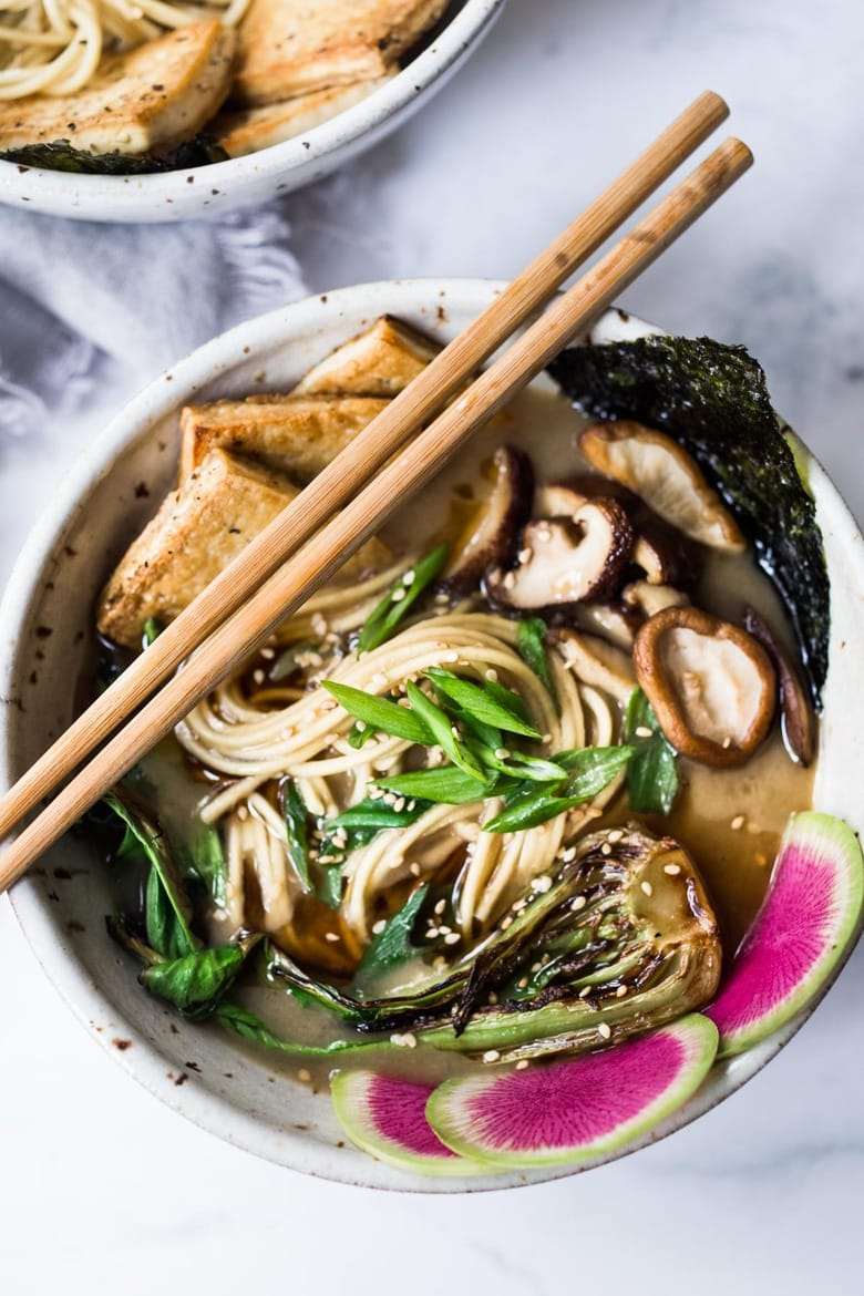 Vegan ramen with miso shiitake broth